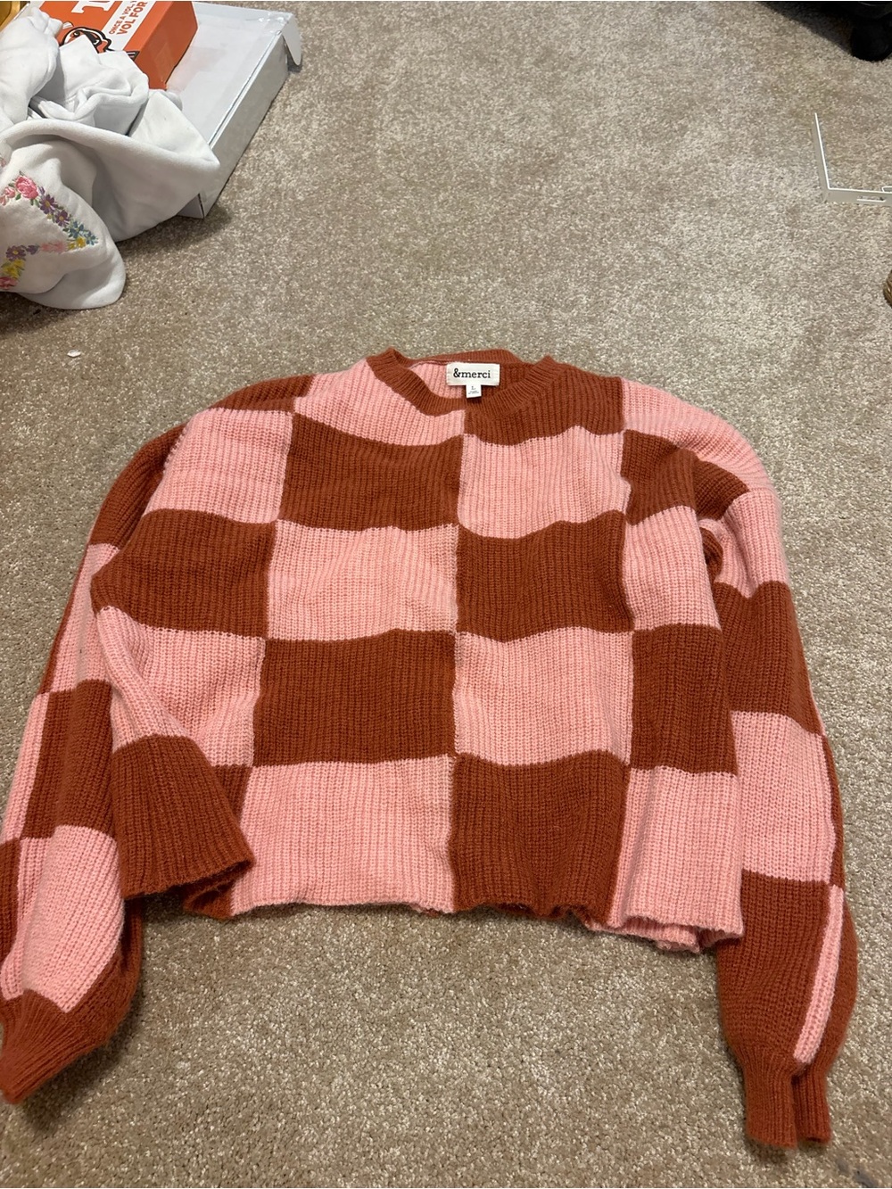 Pink and Brown Checker Knit Sweater